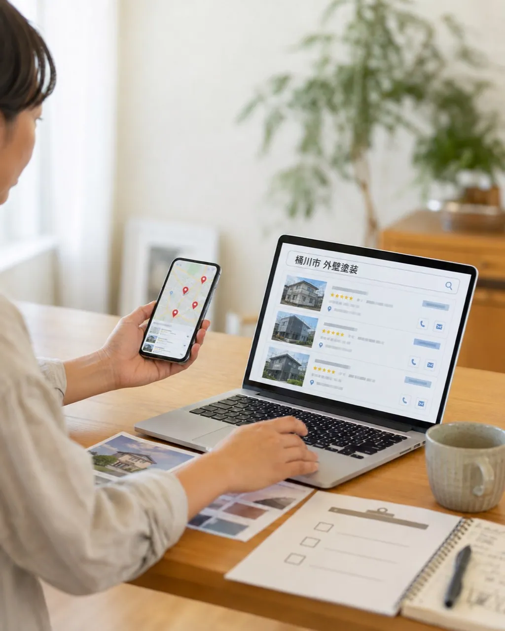 桶川市で外壁塗装会社を調べる人のイメージ