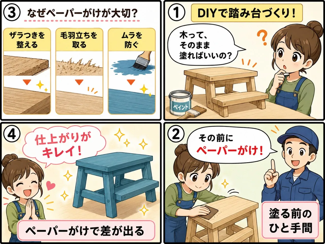 DIYで踏み台を塗る前にペーパーがけをする説明画像