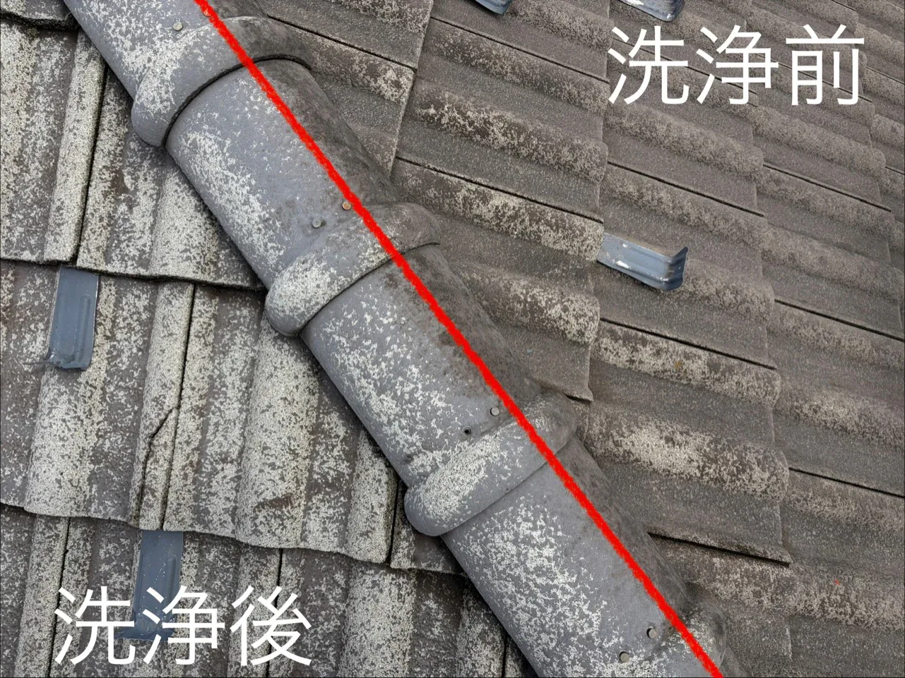 屋根の洗浄前と洗浄後の比較